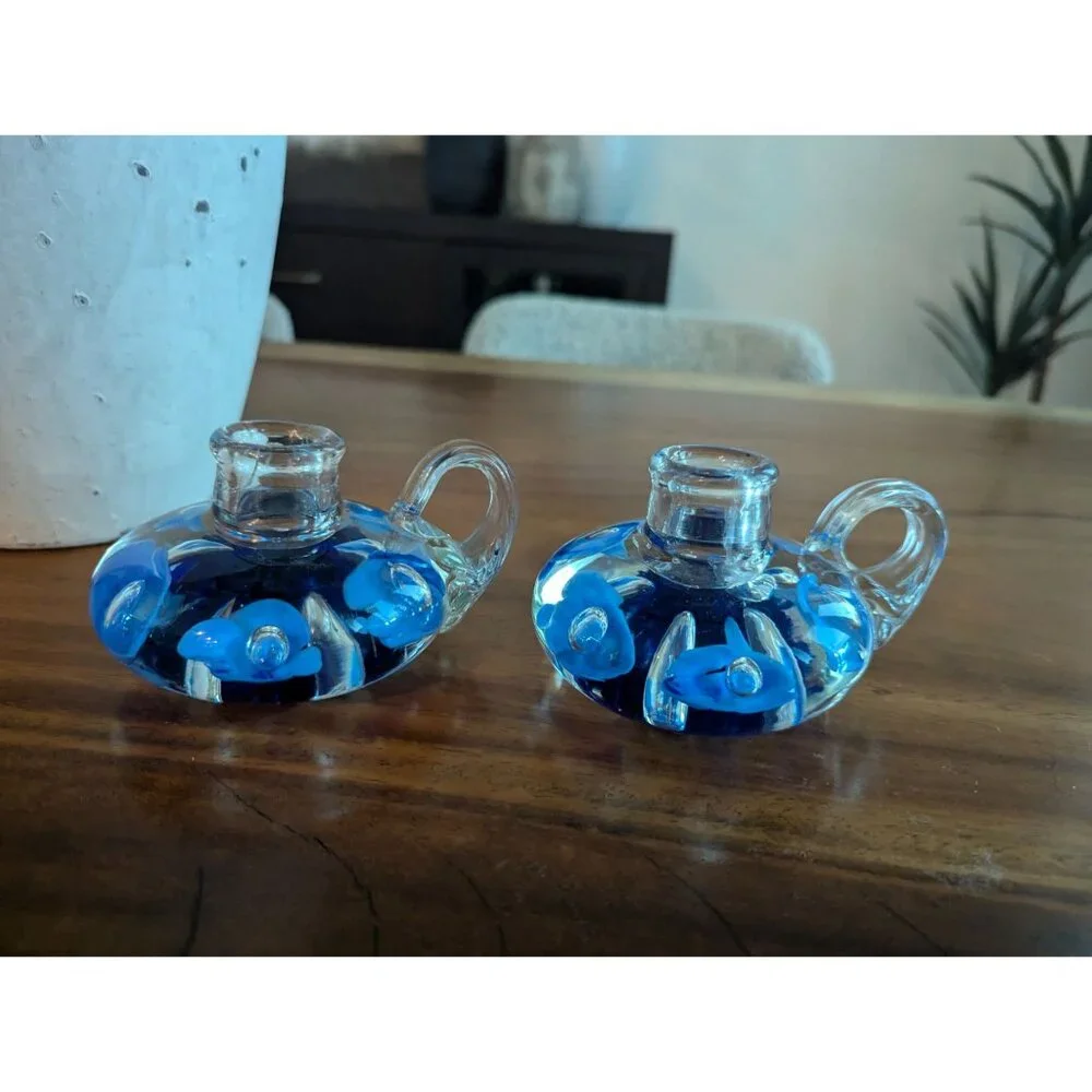 Vintage Set of 2  Joe St. Clair Glass Candle Holders cobalt blue Flowers